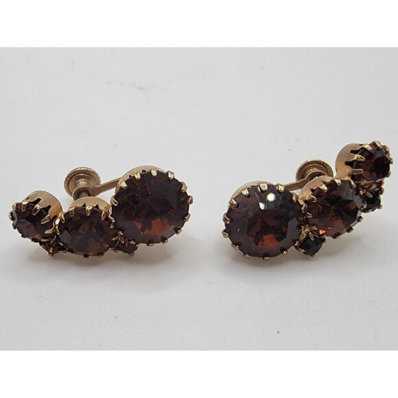 Vintage Dark Amber Three Gemstone Screw‎ Back Earrings - Picture 1 of 4